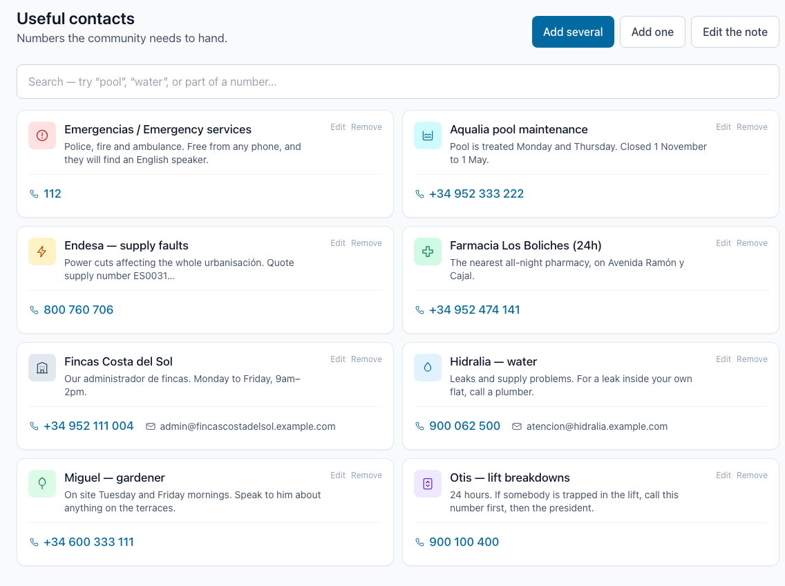 The useful contacts sheet with coloured icons and phone numbers