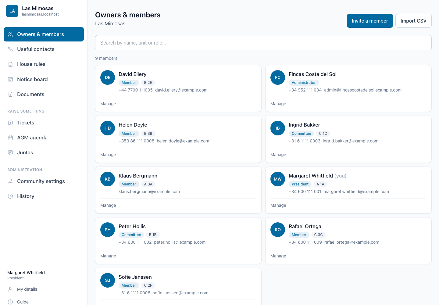 The Vecinto members list for a community, showing owners with their flat and phone number