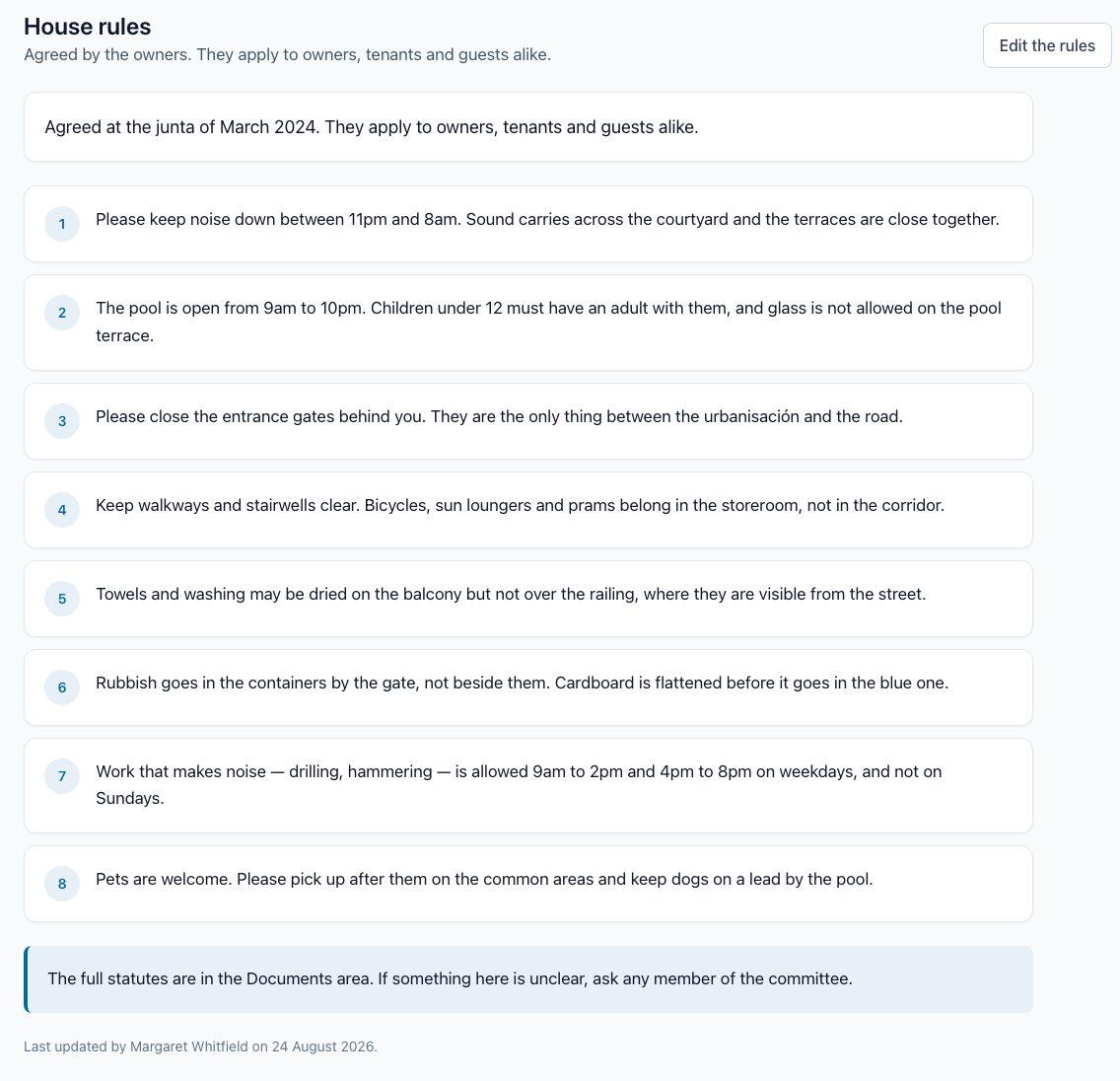 The house rules page with numbered rules